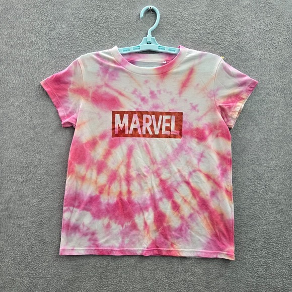 Marvel x Uniqlo Women Top Medium Pink Tie Dye Shirt Glitter Logo Graphic Print - Picture 1 of 10